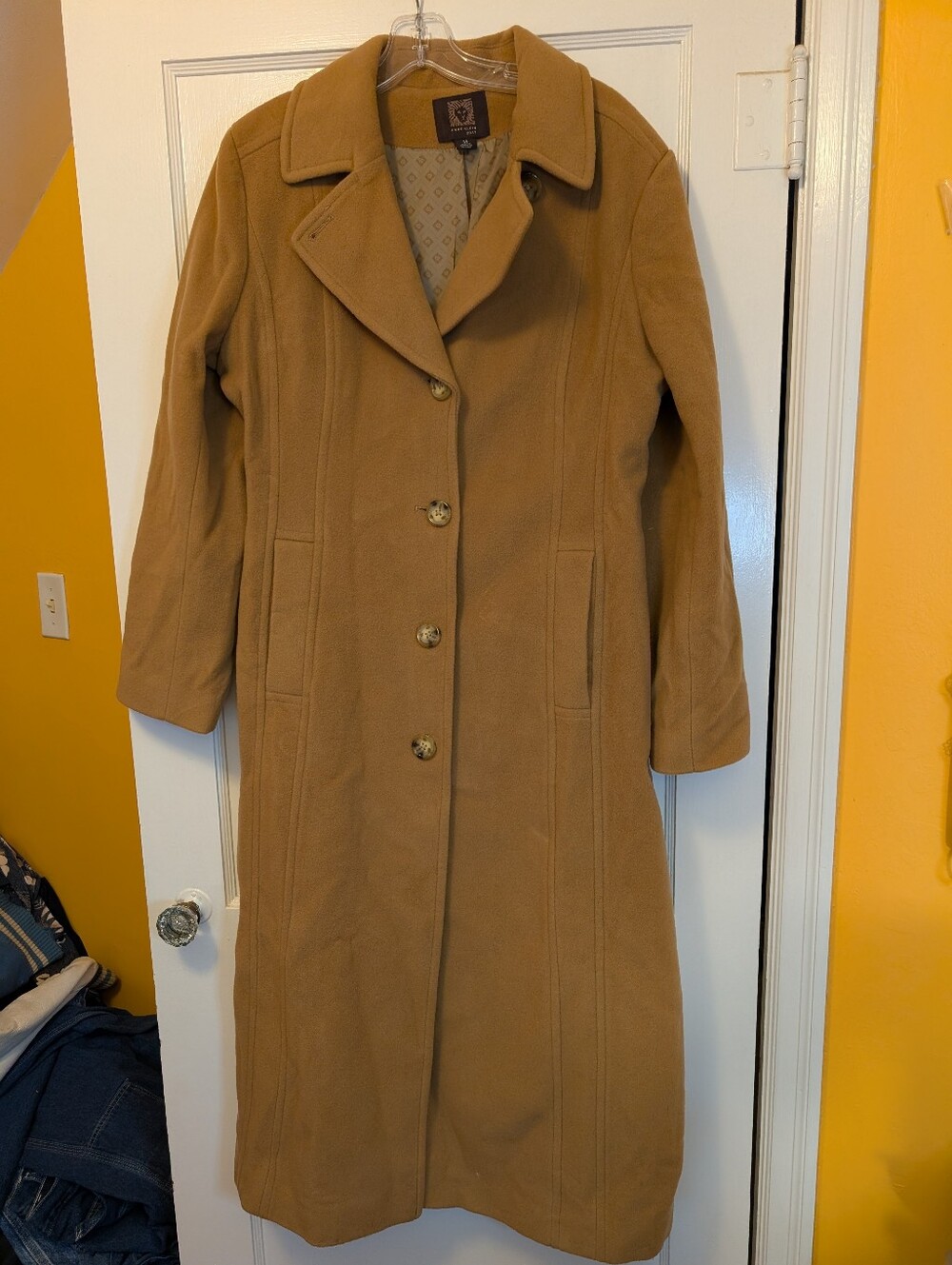 Anne Klein Camel Long Wool-Blend Button Up Coat